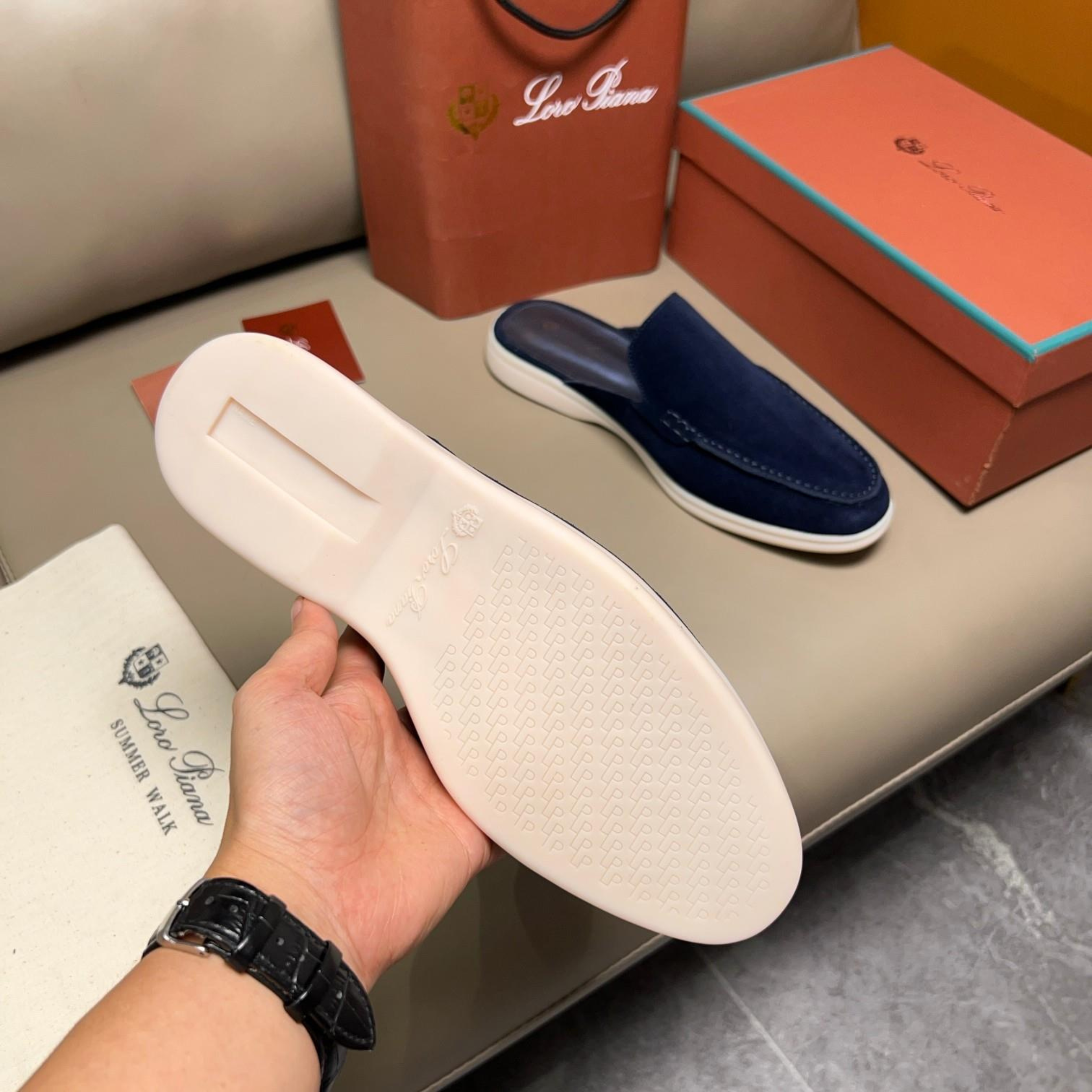 Loro Piana Babouche Walk Suede Slippers - Racing Blue (003)