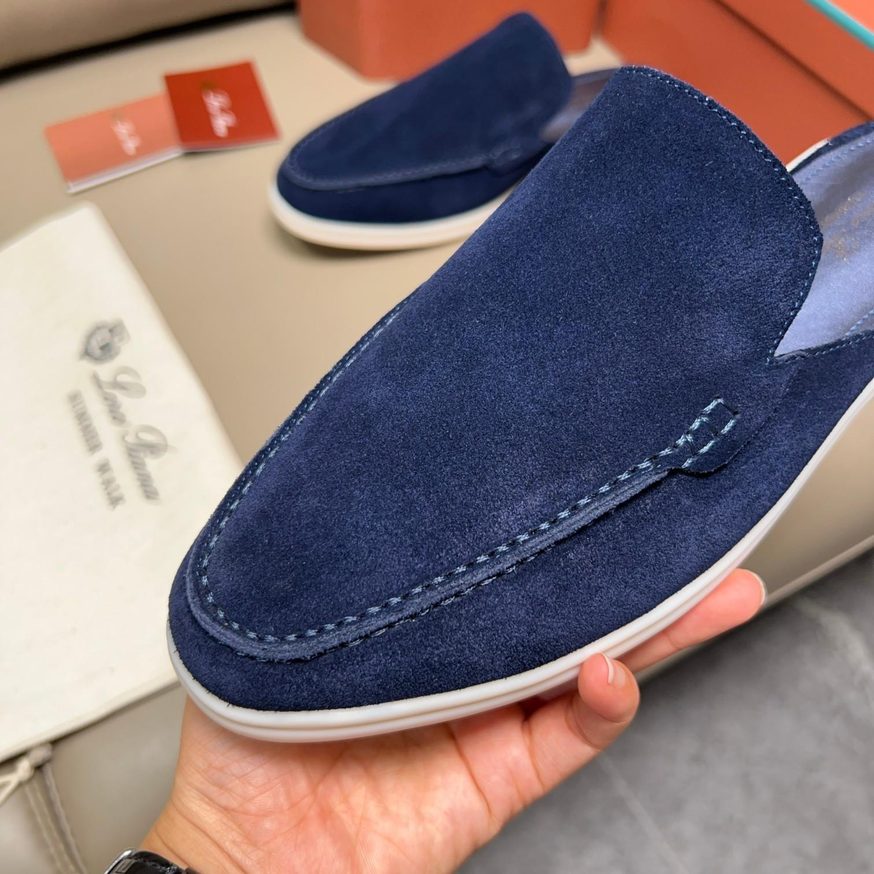 Loro Piana Babouche Walk Suede Slippers -  Racing Blue (003)