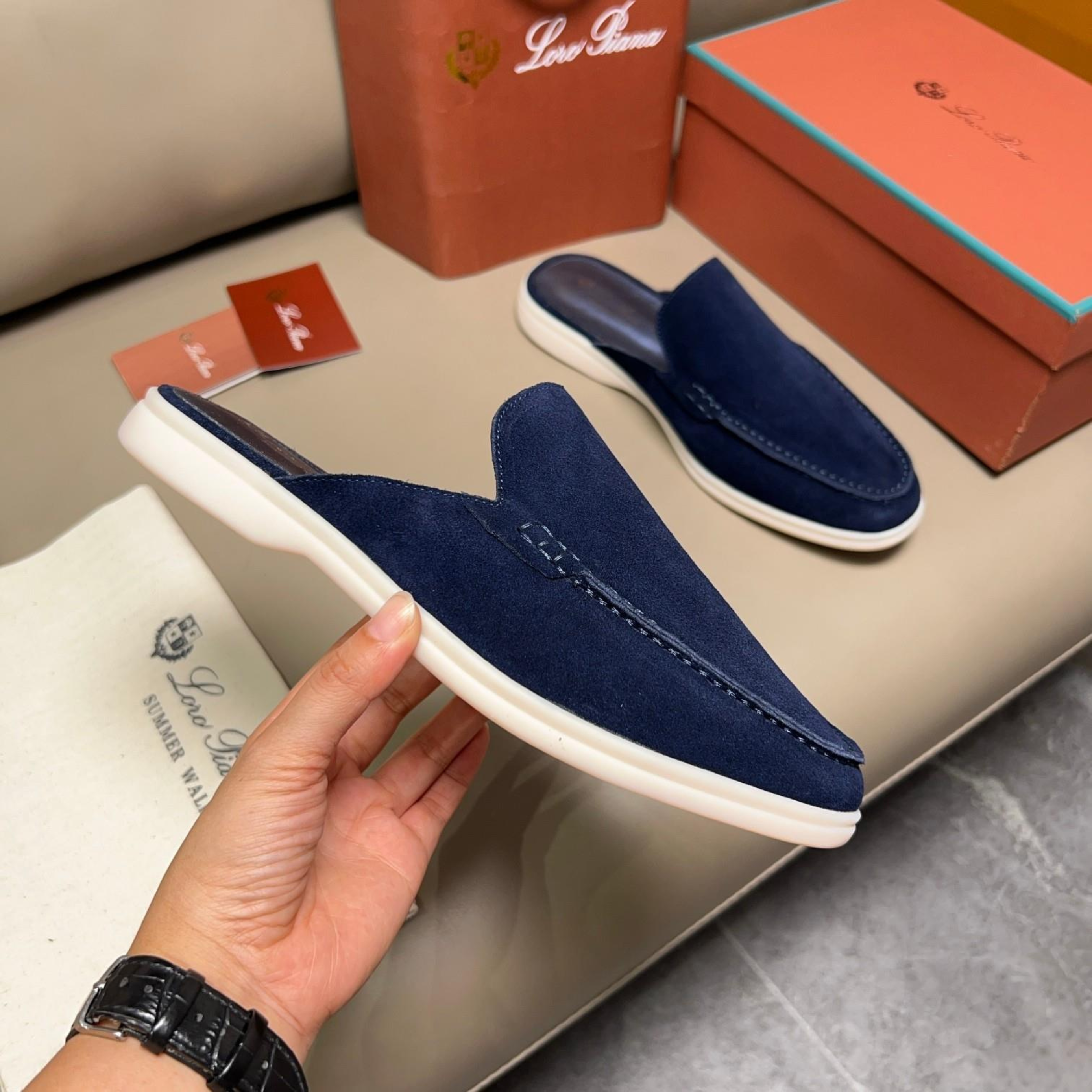 Loro Piana Babouche Walk Suede Slippers - Racing Blue (003)