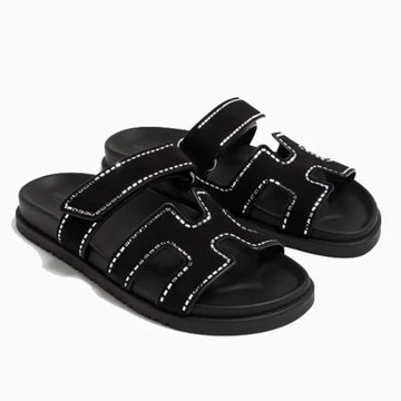 Hermes Chypre Suede Crystals Sandals - Black