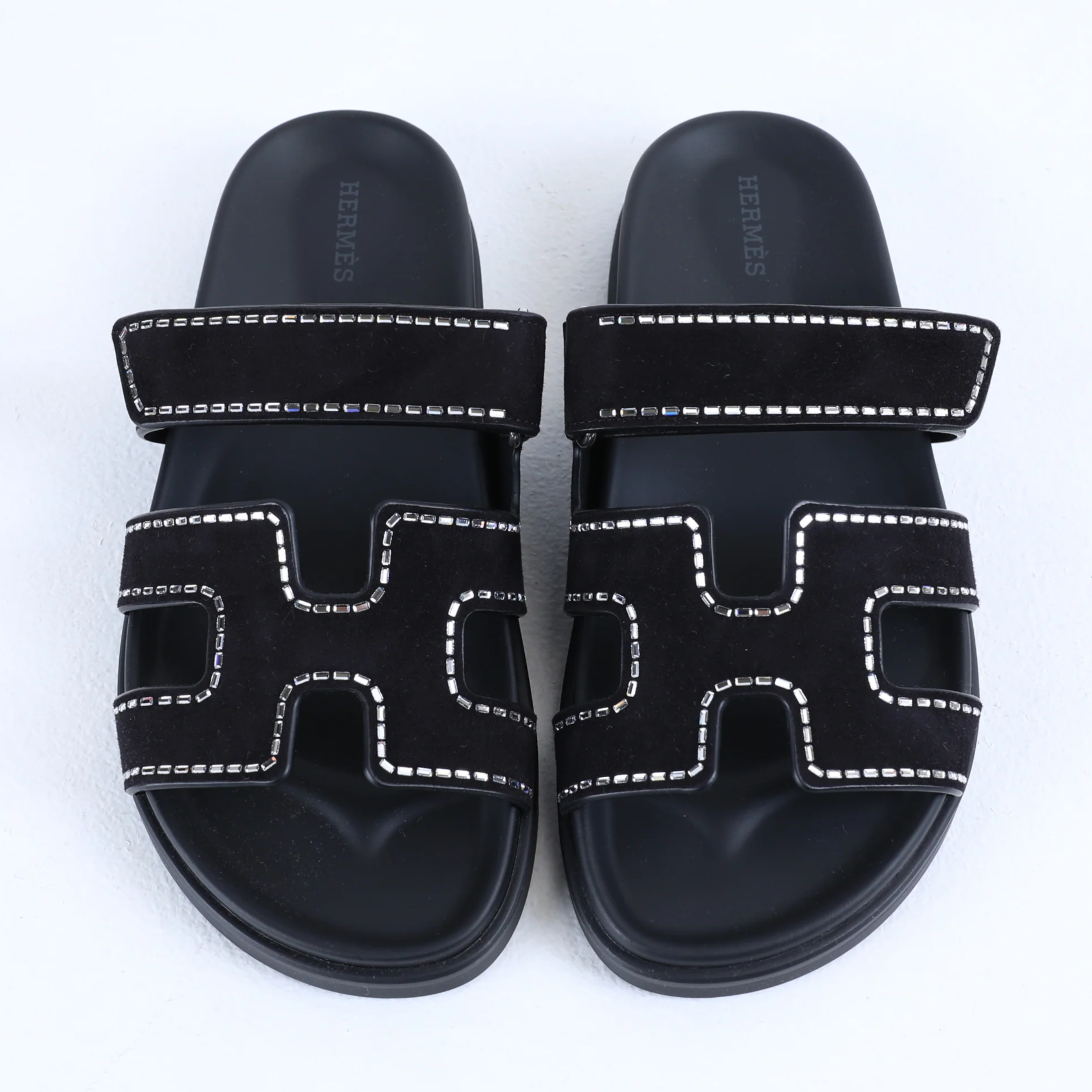 Hermes Chypre Suede Crystals Sandals - Black