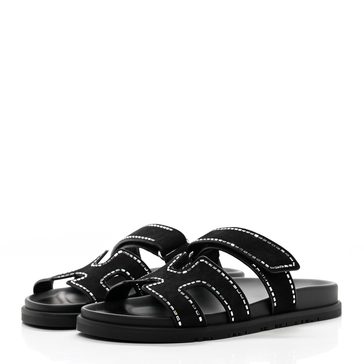 Hermes Chypre Suede Crystals Sandals - Black