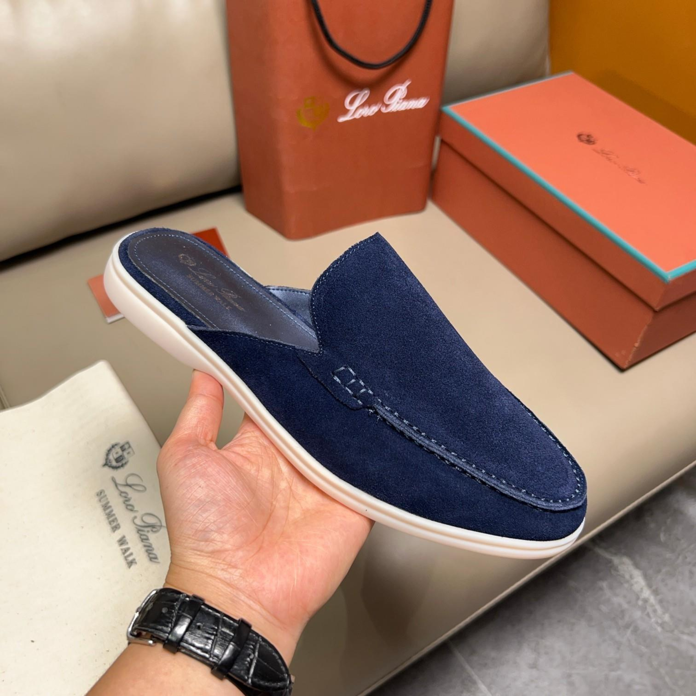 Loro Piana Babouche Walk Suede Slippers -  Racing Blue (003)