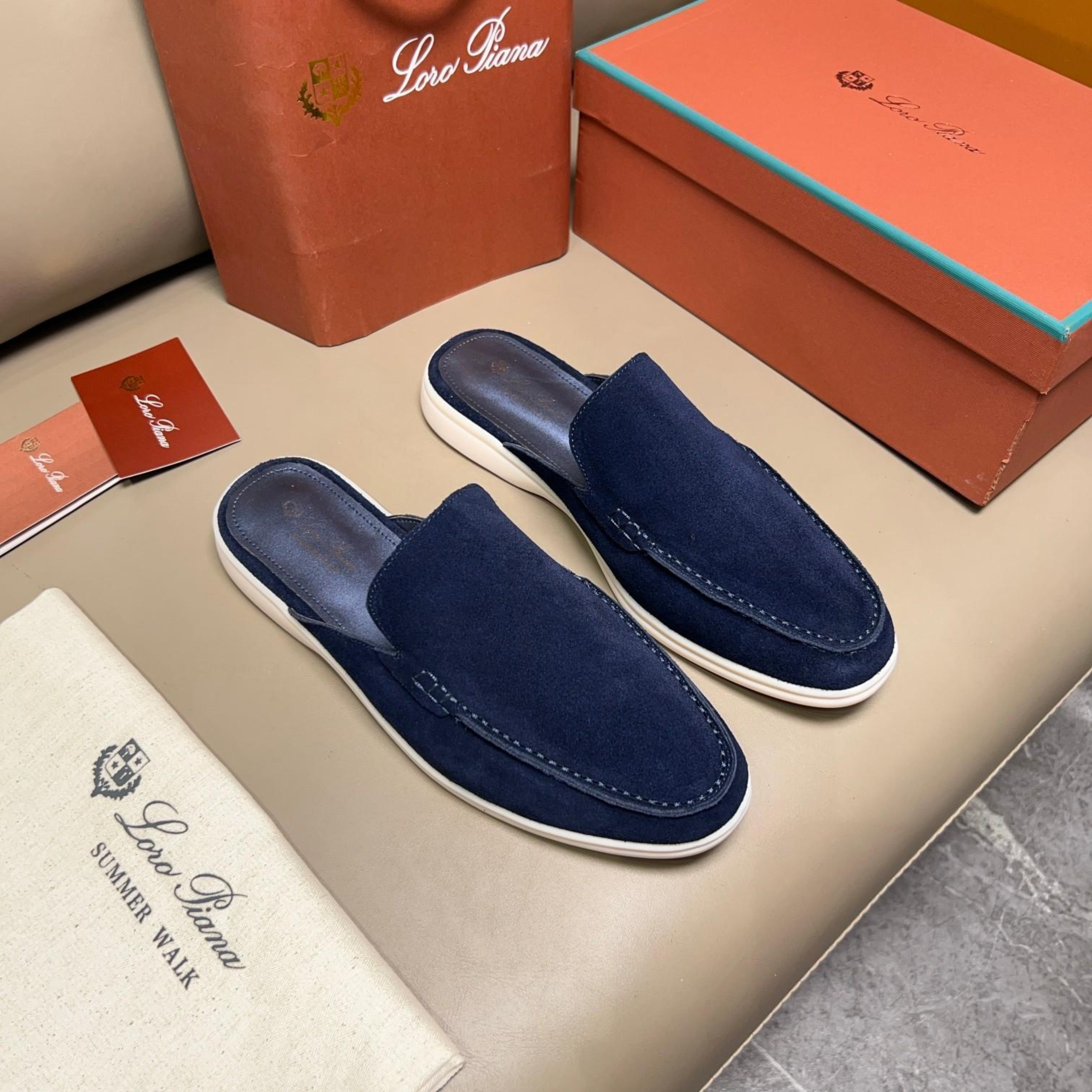 Loro Piana Babouche Walk Suede Slippers -  Racing Blue (003)