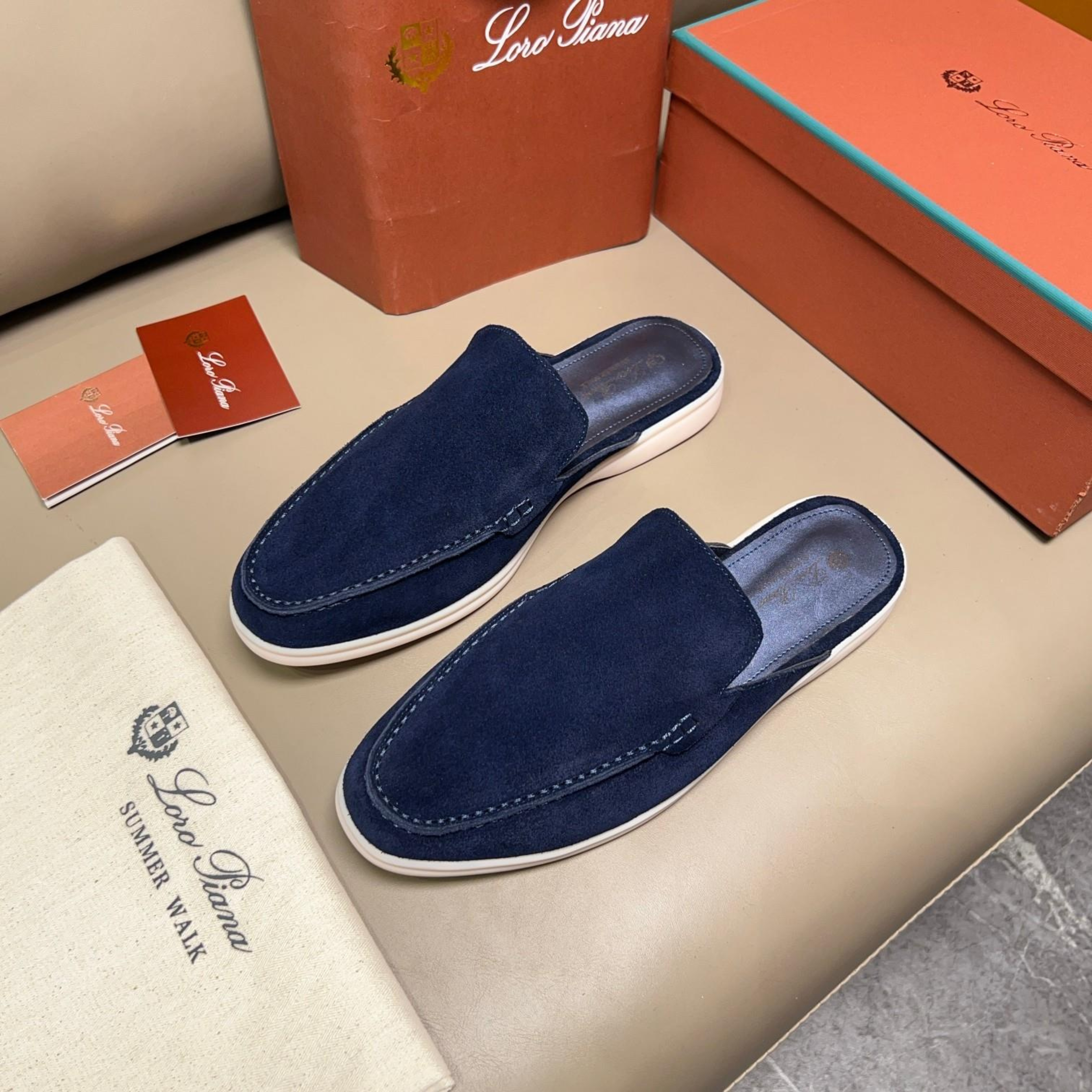 Loro Piana Babouche Walk Suede Slippers -  Racing Blue (003)