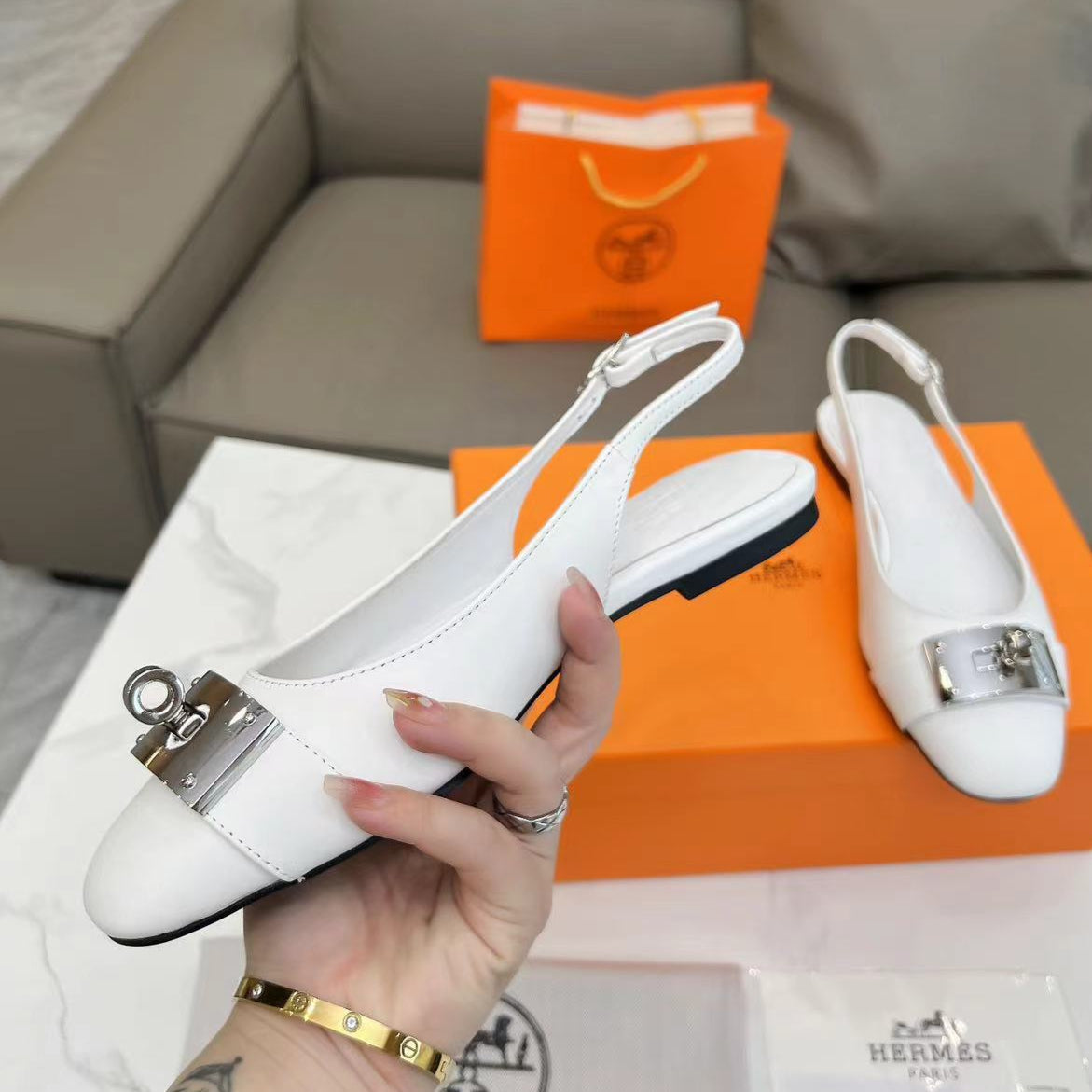 Hermes Innocente Slingback Sandals - White